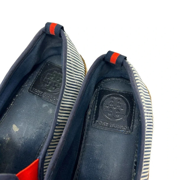 Tory Burch Mon Amour Navy Blue‎ Red Stripe Heart Espadrille Flats Size 10 - Picture 8 of 10